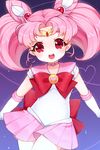  :d bishoujo_senshi_sailor_moon bow brooch chibi_usa choker cowboy_shot double_bun elbow_gloves gloves hair_ornament hairpin heart heart_of_string highres jewelry koll looking_at_viewer open_mouth pink_choker pink_hair pink_sailor_collar pink_skirt pleated_skirt purple_background red_bow red_eyes sailor_chibi_moon sailor_collar sailor_senshi_uniform short_hair skirt smile solo standing tiara twintails white_gloves 