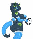  2016 anthro big_breasts breasts butt clothing dax daxzor dragon elbow_gloves female gloves green_eyes hair hair_over_eye legwear looking_at_viewer looking_back markings mask scalie simple_background solo thick_bottom_lip thigh_highs whip white_background 