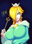  1girl big_breasts blonde_hair blue_dress blue_eyes breasts clothed clothing crown dress female hair large_breasts looking_at_viewer mario_bros nintendo rosalina_(mario) rosetta_(mario) smile solo solo_focus super_mario_bros. super_mario_galaxy tight_clothing upper_body urw video_games wand 