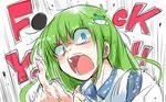  angry blue_eyes english frog_hair_ornament green_hair hair_ornament kochiya_sanae long_hair middle_finger motion_lines open_mouth profanity shaded_face solo text_focus touhou zk_(zk_gundan) 
