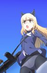  animal_ears blonde_hair bren_gun cat_ears cat_tail chromatic_aberration glasses gun highres long_hair machine_gun military military_uniform monsterx no_pants open_mouth panties panties_under_pantyhose pantyhose perrine_h_clostermann solo strike_witches tail underwear uniform weapon white_panties world_witches_series yellow_eyes 