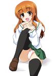  bangs black_legwear black_neckwear blouse blunt_bangs bow bow_panties brown_footwear crotch_seam girls_und_panzer green_skirt leg_hold loafers long_hair long_sleeves looking_at_viewer miniskirt neckerchief ooarai_school_uniform open_mouth orange_eyes orange_hair ouhashi panties pantyshot pantyshot_(sitting) pink_panties pleated_skirt school_uniform serafuku shoes simple_background sitting skirt smile solo takebe_saori thighhighs underwear white_background white_blouse white_panties 