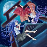  bangs blue_hair commentary_request furude_rika hakama hanyuu highres higurashi_no_naku_koro_ni horns japanese_clothes long_hair looking_at_viewer makai_no_koutaishi miko multiple_girls purple_eyes purple_hair red_hakama sidelocks skirt sky star_(sky) starry_sky torii 