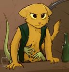  annoyed argonian bottle feline fur green_scales grope khajiit male mammal oblivion prequel s&#039;thengir scales scalie the_elder_scrolls unknown_artist video_games weedum-ja yellow_eyes yellow_fur 