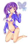  bikini gochuumon_wa_usagi_desu_ka? highres jacket kneeling long_hair micro_bikini purple_eyes purple_hair solo sui_(momokanten) swimsuit tedeza_rize twintails 