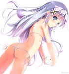  ass bikini blue_eyes blue_hair blush flat_chest gochuumon_wa_usagi_desu_ka? hair_ornament hairclip kafuu_chino long_hair micro_bikini na!?_(naxtuyasai) solo swimsuit tippy_(gochiusa) wavy_mouth x_hair_ornament 