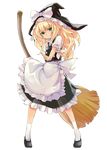  apron blonde_hair bow broom commentary_request full_body green_eyes hat hat_bow highres kirisame_marisa long_hair solo tamon_ketsuyuki touhou waist_apron white_bow witch_hat 