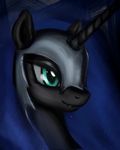  2013 abstract_background black_fur blue_hair equine female feral friendship_is_magic fur green_eyes hair helmet horn mammal mindlesshead my_little_pony nightmare_moon_(mlp) portrait solo winged_unicorn wings 