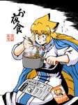  animal_ears azuki_osamitsu blonde_hair blowing blush chopsticks food fox_ears fox_tail highres multiple_tails newspaper noodles open_mouth pot solo sweat tabard tail touhou yakumo_ran yellow_eyes 