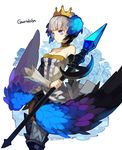  armor armored_dress bare_shoulders choker crown cyenmi3 dress gwendolyn hair_ornament multicolored multicolored_wings odin_sphere polearm purple_eyes silver_hair solo spear strapless strapless_dress thighhighs weapon wings 