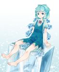  bad_id bad_pixiv_id barefoot blue_eyes blue_hair cirno highres ice ice_cube ice_wings mary_janes murani shoes shoes_removed short_hair sitting smile solo touhou wings 