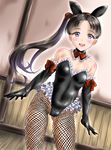  animal_ears ayanami_(kantai_collection) bare_shoulders black_hair blue_eyes blush bow bowtie breasts bunny_ears bunny_girl bunny_tail bunnysuit elbow_gloves fake_animal_ears fishnet_pantyhose fishnets gloves hair_ribbon kantai_collection kasugano_tobari long_hair open_mouth pantyhose ribbon side_ponytail small_breasts smile solo tail 
