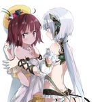  atelier_(series) atelier_sophie backless_outfit bad_id bad_pixiv_id bare_shoulders blush brown_eyes brown_hair detached_sleeves hair_ornament hand_on_another's_chin hat long_hair looking_away low_ponytail maromi_(am97) multiple_girls plachta puffy_short_sleeves puffy_sleeves revision shirt short_sleeves silver_hair smile sophie_neuenmuller very_long_hair yuri 