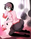  ass black_eyes black_hair empty_eyes highres kneeling monogatari_(series) oshino_ougi owarimonogatari pantyhose school_uniform short_hair sleeves_past_wrists solo sukumo_(kemutai) 