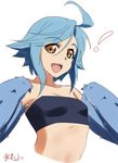  1girl :d ahoge bad_id bad_pixiv_id bandeau blue_hair blue_wings breasts brown_eyes feathered_wings feathers harpy highres kagiyama_(gen'ei_no_hasha) monster_girl monster_musume_no_iru_nichijou open_mouth papi_(monster_musume) short_hair signature simple_background sketch small_breasts smile solo upper_body white_background wings 