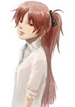  bangs black_bow bow casual expressionless from_side hair_bow kennyo_(muchimuchi) lips long_hair mahou_shoujo_madoka_magica ponytail red_eyes red_hair sakura_kyouko simple_background solo upper_body white_background 