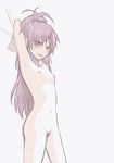  arms_behind_head blush bound bound_wrists bow breasts groin hair_bow kennyo_(muchimuchi) long_hair magical_girl mahou_shoujo_madoka_magica navel nipples nude ponytail pubic_hair red_eyes red_hair sakura_kyouko simple_background small_breasts solo standing 