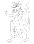  2015 anthro bra breasts claws clothed clothing cynder dragon dressing duo female fursuit hair horn human long_hair mammal markings membranous_wings monochrome panties scales scalie simple_background sketch smile spectrumshift spyro_the_dragon toe_claws torn_clothing traditional_media_(artwork) underwear video_games white_background wings 