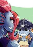  anthro apron blue_skin crossover duo eyes_closed female fish gills goneking hair marine minette monster red_eyes red_hair sharp_teeth skullgirls smile teeth undertale undyne video_games 