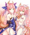  :d animal_ears apron arm_garter ass bare_shoulders bell bell_collar black_bow blue_hair bow breast_press breasts cat_hair_ornament cleavage closed_mouth collar cowboy_shot detached_collar detached_sleeves eyebrows eyebrows_visible_through_hair fang fate/extra fate/grand_order fate_(series) fox_ears fox_tail frills from_side garters gloves gradient gradient_background gradient_hair hair_bow hair_ornament hair_ribbon heart heart_hands heart_hands_duo highres japanese_clothes long_hair looking_at_viewer maid_headdress md5_mismatch medium_breasts multicolored_hair multiple_girls naked_apron no_panties obi open_mouth paw_gloves paw_shoes paws petals pink_background pink_hair red_ribbon ribbon ribbon-trimmed_legwear ribbon_trim sash shoes sideboob smile symmetrical_docking tail tamamo_(fate)_(all) tamamo_cat_(fate) tamamo_no_mae_(fate) tassel thighhighs twintails white_apron white_legwear white_ribbon yellow_eyes yuemanhuaikong 