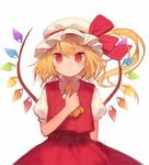  blonde_hair blush crystal downscaled flandre_scarlet hand_on_own_chest hat hat_ribbon looking_at_viewer md5_mismatch misoni_comi mob_cap puffy_sleeves red_eyes resized ribbon shirt short_hair short_sleeves side_ponytail simple_background skirt skirt_set solo touhou upper_body vest white_background wings 