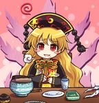  belly_rub black_dress blonde_hair blush_stickers bowl chinese_clothes cup dress drinking_glass empty food food_on_face hair_ornament junko_(touhou) long_sleeves looking_at_viewer open_mouth plate pote_(ptkan) red_eyes sash smile solo tabard touhou visible_air wide_sleeves 