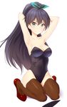  :3 absurdres antenna_hair aqua_eyes armpits arms_behind_head arms_up bare_shoulders black_hair black_leotard bow brown_legwear closed_mouth collarbone fang full_body ganaha_hibiki hair_bow highres idolmaster idolmaster_(classic) kneeling leotard long_hair looking_at_viewer playboy_bunny_leotard ponytail red_footwear shoes simple_background solo strapless strapless_leotard taka_(takahirokun) thighhighs very_long_hair white_background 
