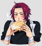  1boy bread cream eating food japanese_clothes male_focus melon_bread pastry red_hair satou_saori solo tasuki tonbokiri_(touken_ranbu) touken_ranbu upper_body yellow_eyes 