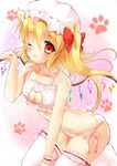  ;3 alternate_costume animal_ears ass_cutout bell bell_choker blonde_hair blurry blush bow cat_cutout cat_ear_panties cat_ears cat_lingerie cat_tail choker cleavage_cutout closed_mouth collarbone crystal depth_of_field eyebrows eyebrows_visible_through_hair flandre_scarlet frills garters hair_between_eyes hair_bow hat hat_ribbon highres jingle_bell kneeling long_hair looking_at_viewer meme_attire mob_cap mogupuchi one_side_up panties paw_pose paw_print red_bow red_ribbon ribbon side-tie_panties solo stomach tail thighhighs touhou underwear underwear_only white_hat white_legwear white_panties wings wrist_cuffs 