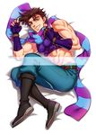  abs anz black_footwear boots brown_hair crop_top fingerless_gloves full_body gloves green_eyes grin jojo_no_kimyou_na_bouken joseph_joestar_(young) lying male_focus muscle on_side scarf smile solo striped striped_scarf 