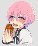  akita_toushirou blue_eyes food food_on_face lowres male_focus open_mouth pastry pink_hair satou_saori smile solo touken_ranbu upper_body 