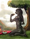  adelaherz anthro breasts feline female kneeling looking_at_viewer mammal nude outside picnic sandwich smile solo 