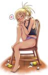  alcohol alternate_hairstyle barefoot beer beer_can blonde_hair blush bow bow_panties breasts cameltoe can chair cleavage collarbone dagashi_kashi drunk ear_piercing endou_saya fang feet_on_chair folded_ponytail full_body hair_ornament hairclip hands_on_own_knee head_rest heart highres knee_to_chest knee_up long_hair looking_at_viewer nikuku_(kazedesune) panties piercing ponytail purple_panties sidelocks simple_background sitting small_breasts smile solo spill spoken_heart sweat tank_top underwear underwear_only used_tissue white_background wooden_floor 
