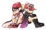  2girls :t aori_(splatoon) baseball_cap beanie bike_shorts boots brown_eyes crossed_arms domino_mask earrings green_hair hand_on_own_face hat hotaru_(splatoon) jacket jewelry long_hair mask mole mole_under_eye multiple_girls purple_hair shoes short_hair single_vertical_stripe sitting sneakers splatoon_(series) splatoon_1 tears tentacle_hair wong_ying_chee 