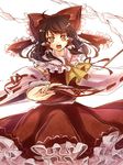  ascot black_hair bow brown_eyes detached_sleeves gohei hair_bow hair_tubes hakurei_reimu long_hair namuko open_mouth petticoat ribbon-trimmed_sleeves ribbon_trim shirt skirt skirt_set solo spell_card touhou wide_sleeves 