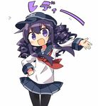  \||/ akatsuki_(kantai_collection) alternate_hairstyle anchor_symbol blush drill_hair flat_cap hair_between_eyes hand_on_hip hat ichininmae_no_lady kanikama kantai_collection long_hair long_sleeves looking_at_viewer open_hand open_mouth outstretched_arm pantyhose pleated_skirt purple_eyes purple_hair school_uniform serafuku simple_background skirt smile solo white_background 