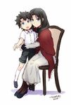  1girl alternate_costume black_hair blue_eyes chair fate/grand_order fate/stay_night fate_(series) fujimaru_ritsuka_(male) long_hair long_sleeves mother_and_son older open_mouth simple_background sitting smile toosaka_rin younger yukako_(toyoyuki) 