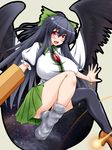  arm_cannon black_hair black_legwear black_wings blush bow breasts cape hair_bow highres large_breasts mismatched_footwear open_mouth parmiria ponytail red_eyes reiuji_utsuho solo thighs touhou weapon wings 