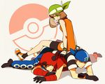  2boys back bandana bangs bike_shorts black_footwear black_gloves blue_eyes blue_hair blue_pants brown_hair clenched_teeth closed_mouth dress frown full_body gloves green_eyes haruka_(pokemon) hood horns li_sakura looking_at_another looking_down lying lying_on_person multiple_boys on_stomach orange_dress pants poke_ball_print pokemon pokemon_(game) pokemon_emerald pokemon_rse red_hair shirt shoes sitting sitting_on_person sleeveless sleeveless_shirt smile socks striped striped_shirt sweat t-shirt team_aqua team_aqua_grunt team_magma team_magma_grunt teeth uniform 