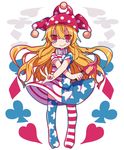  :&gt; american_flag_dress american_flag_legwear blonde_hair blush clownpiece club_(shape) diamond_(shape) fire frilled_shirt_collar frills hat heart jester_cap long_hair looking_at_viewer minamiya_mia polka_dot red_eyes simple_background solo spade_(shape) standing striped striped_legwear thighhighs torch touhou v very_long_hair white_background 