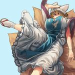  blonde_hair blue_background breasts chanta_(ayatakaoisii) curvy dress fox_tail frilled_dress frills hand_on_headwear hat large_breasts long_sleeves looking_down multiple_tails pillow_hat plump short_hair simple_background solo tabard tabi tail touhou white_dress wide_sleeves yakumo_ran zouri 