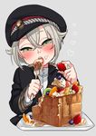  blueberry food food_on_face fork fruit green_eyes hat heart hotarumaru kiwifruit male_focus open_mouth orange orange_slice satou_saori silver_hair solo strawberry syrup touken_ranbu upper_body waffle whipped_cream 