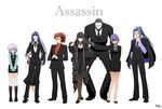  5girls alternate_costume assassin_(fate/stay_night) assassin_(fate/zero) bandaged_arm bandages black_hair black_skin bowing braid business_suit child_assassin_(fate/zero) commentary_request cracking_knuckles fate/apocrypha fate/extra fate/grand_order fate/hollow_ataraxia fate/prototype fate/prototype:_fragments_of_blue_and_silver fate/stay_night fate/zero fate_(series) female_assassin_(fate/zero) formal hairdressing hassan_of_serenity_(fate) highres jack_the_ripper_(fate/apocrypha) jacket_on_shoulders jewelry li_shuwen_(fate) lineup long_hair matching_outfit multiple_boys multiple_girls necklace pantyhose pointy_ears ponytail purple_hair red_hair semiramis_(fate) shimaneko skull_mask standing suit tall true_assassin very_long_hair yellow_eyes 