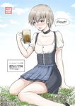  alcohol beer beer_mug black_dress blonde_hair blouse blue_eyes blue_sky breasts choker cloud cup day dirndl dress drunk german german_clothes highres holding holding_cup iron_cross kantai_collection looking_at_viewer mug no_hat no_headwear open_mouth revision short_hair sitting sky small_breasts smile solo translated wariza yano_toshinori z1_leberecht_maass_(kantai_collection) 