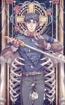  blue_hair bow bowtie broken fingerless_gloves flower gloves green_eyes holding holding_sword holding_weapon jojo_no_kimyou_na_bouken jonathan_joestar male_focus outline petals phantom_blood plant ribs rose skeleton solo stone_mask_(jojo) sword thorns vines weapon wenny02 