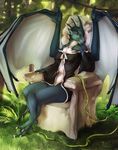  adelaherz clothed clothing dragon female half-closed_eyes looking_at_viewer outside smile solo wings 