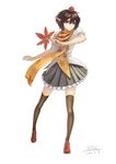  absurdres bad_id bad_pixiv_id black_hair black_skirt brown_legwear brown_skirt dated fan frilled_skirt frills full_body hat highres holding holding_fan leaf_print lepo looking_at_viewer open_hand orange_eyes pleated_skirt pointy_ears red_footwear shameimaru_aya shoes short_hair short_sleeves signature simple_background skirt smile solo thighhighs tokin_hat touhou white_background 