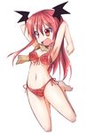  :d armpits arms_up bikini demon_wings frilled_bikini frills head_wings ichidai_taisa koakuma legs_up long_hair navel open_mouth red_eyes red_hair scarf smile solo swimsuit touhou wings 