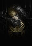  ao666 bangs black_background black_sclera blonde_hair cable closed_mouth cyborg damaged genos hand_on_own_head head_tilt hollow_eyes male_focus one-punch_man solo upper_body 