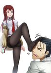  1girl absurdres black_legwear feet foot_on_head highres makise_kurisu no_shoes okabe_rintarou open_mouth pantyhose simple_background steins;gate stepped_on streamingsun thighband_pantyhose 